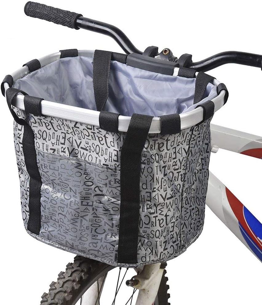 Bike Basket, Foldable Small Pet Cat Dog Carrier Front Removable Bicycle Handlebar Basket Quick Release Easy Install Detachable Cycling Bag Mountain Picnic Shopping (Gray)