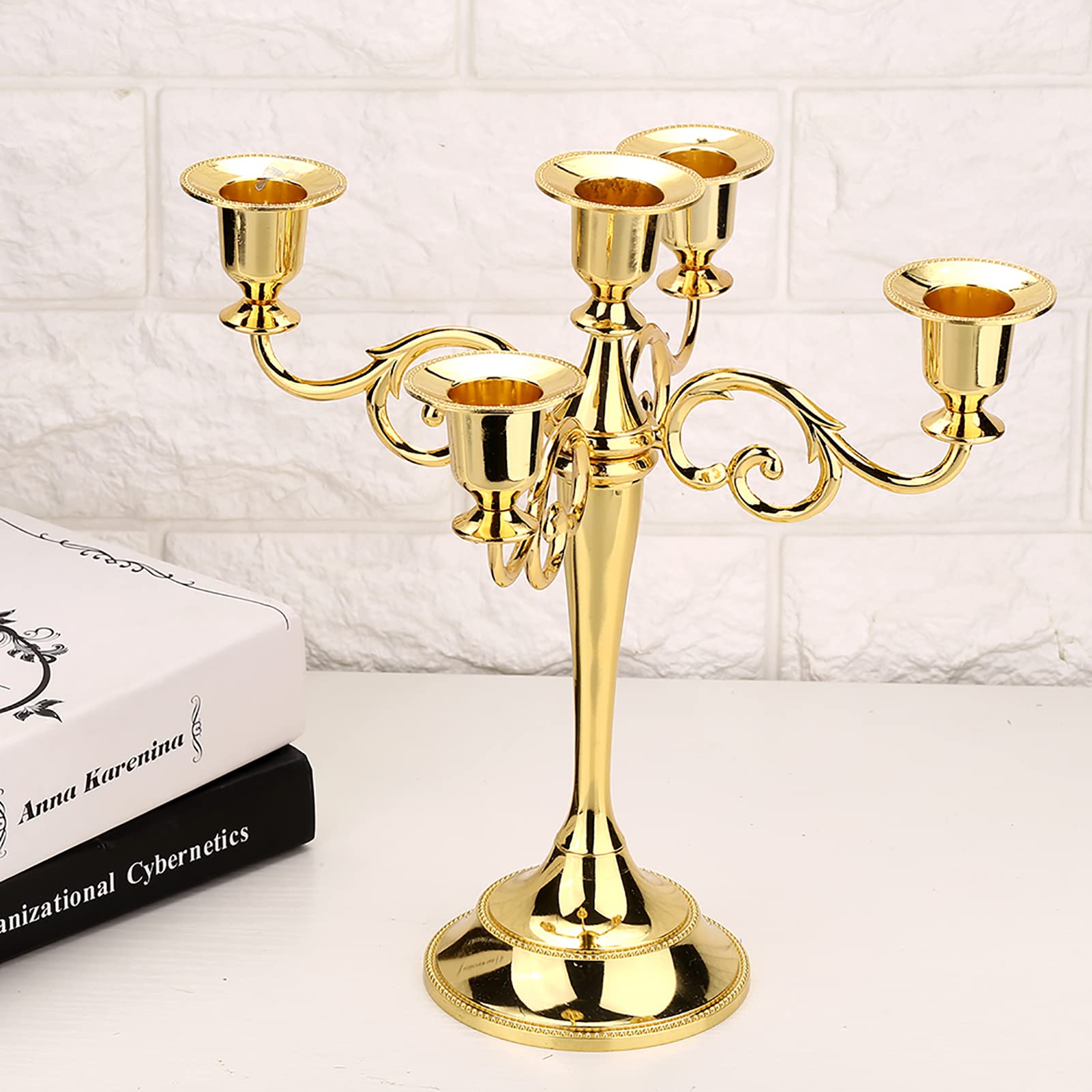 Ejoyous Kandelaar 5-Armig, Vintage Metalen Kaarsenhouder, Goud, Staande Staafkaars Decoratie voor Evenement, Bruiloft, Woondecoratie, 26 x 26,5 cm
