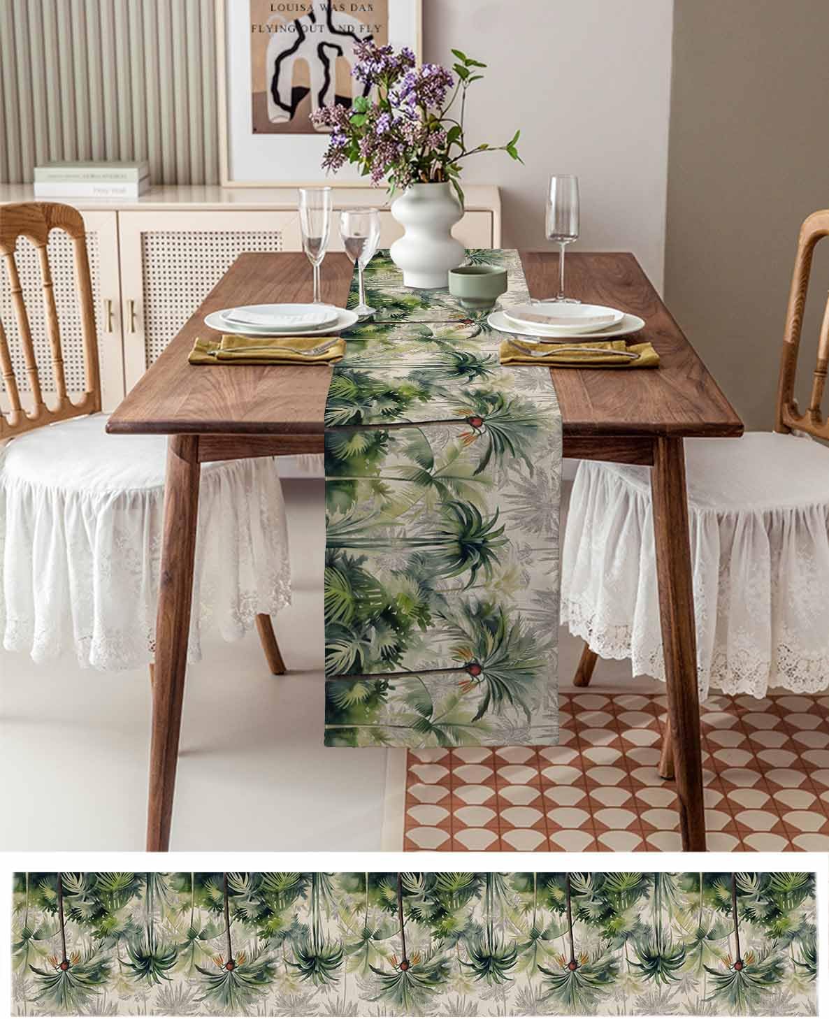 Summer Coastal Palm Tree Table Runner 90 Inches Long for Dining Table, Cotton Linen Farmhouse Washable Coffee Table Runners Dresser Scarf for Kitchen Party Holiday Tropical Plants Vintage
