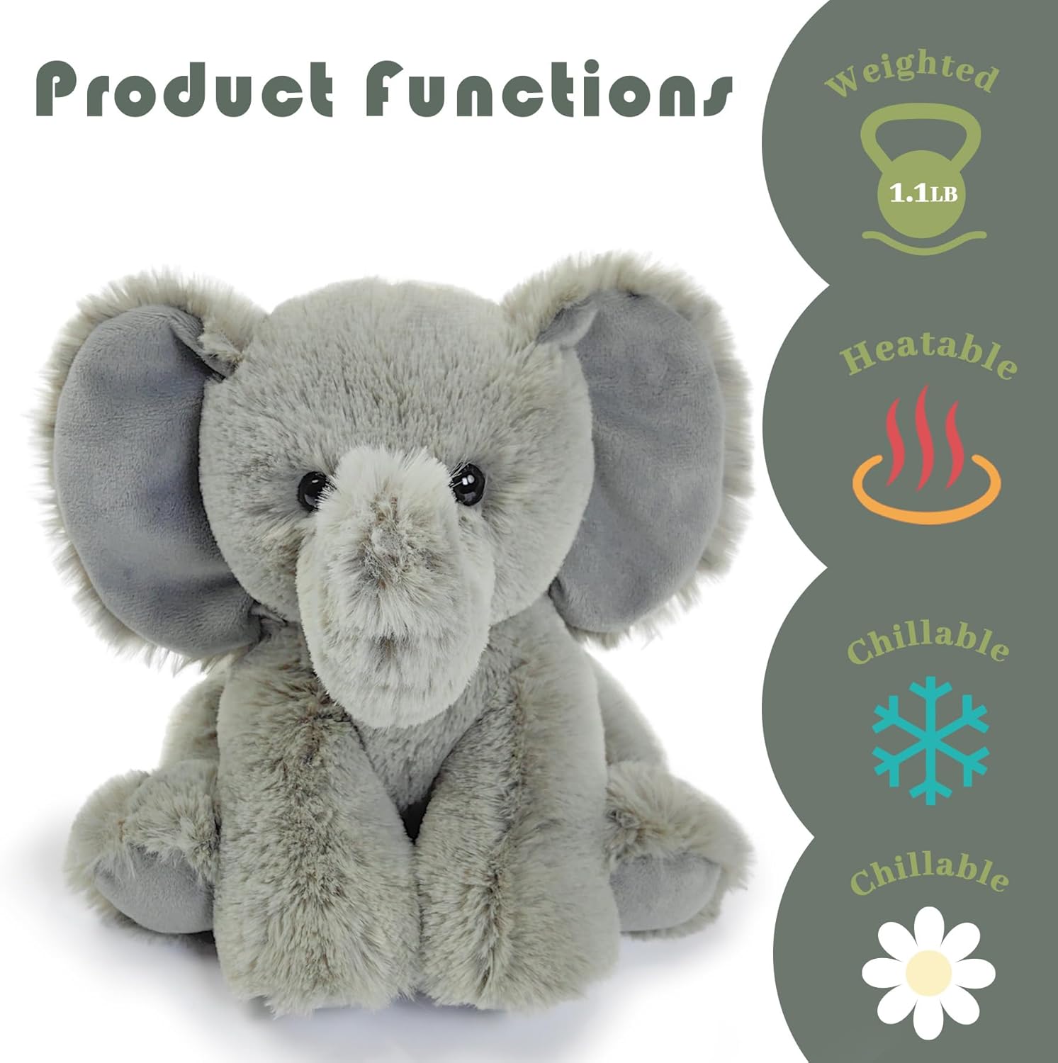Microwavable & Weighted Stuffed Animals,Elephant Stuffed Animal 8.5 Inch, 1.1 Lbs,Cute Soft Plush Toys for Boys, Girls, Babies & Toddlers（Lightly Scented with Chamomile