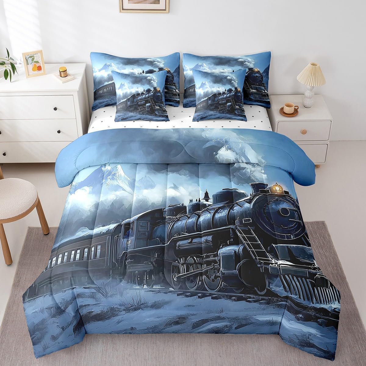 Erosebridal Boys Steam Train Bedding Set Twin,Vintage Railroad Train Comforter Set for Kids Teens Adults,Transportation Vehicle Trains Bed Set 7 Piece with Fitted Sheet,Flat Sheet,Pillowcases