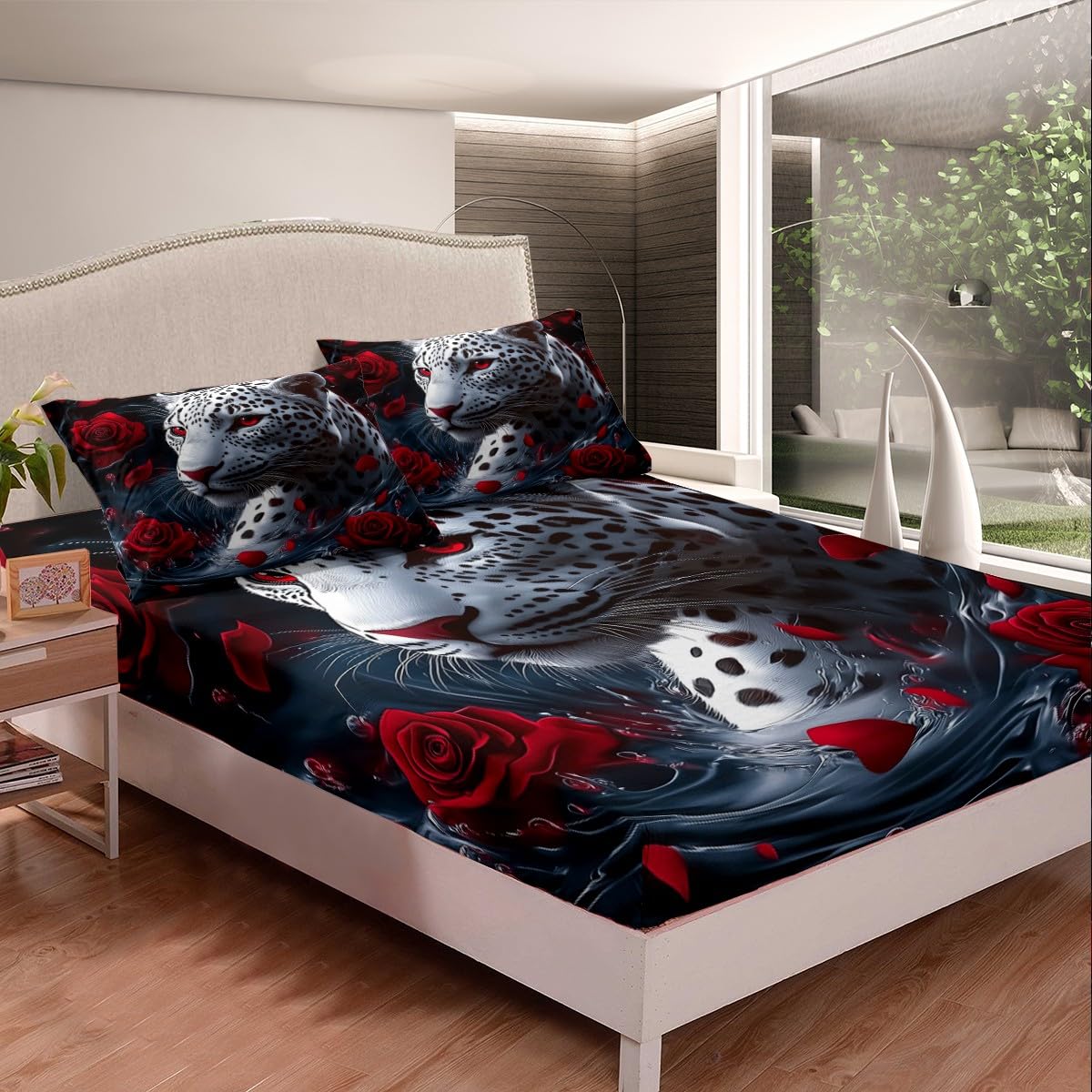 jejeloiu Leopard Bed Sheets Set Twin Size Kids Cheetah Print Rose Fitted Sheet with Deep Pocket for Boys Girls Teens Wild Animal Bedding Set Breathable Safari Bedroom Decor