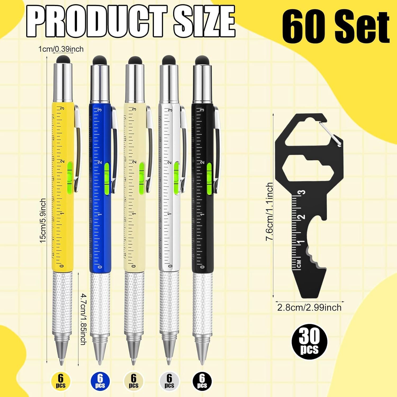 Yeaqee 60 Pcs Multi Tool Gifts For Men 6 In 1 Screwdriver Multi Tool Pens With Stainless Steel Keychain Multi-function Pens Bulk Men Gifts For Dad Husband Father's Day Birthday (Classic Color)