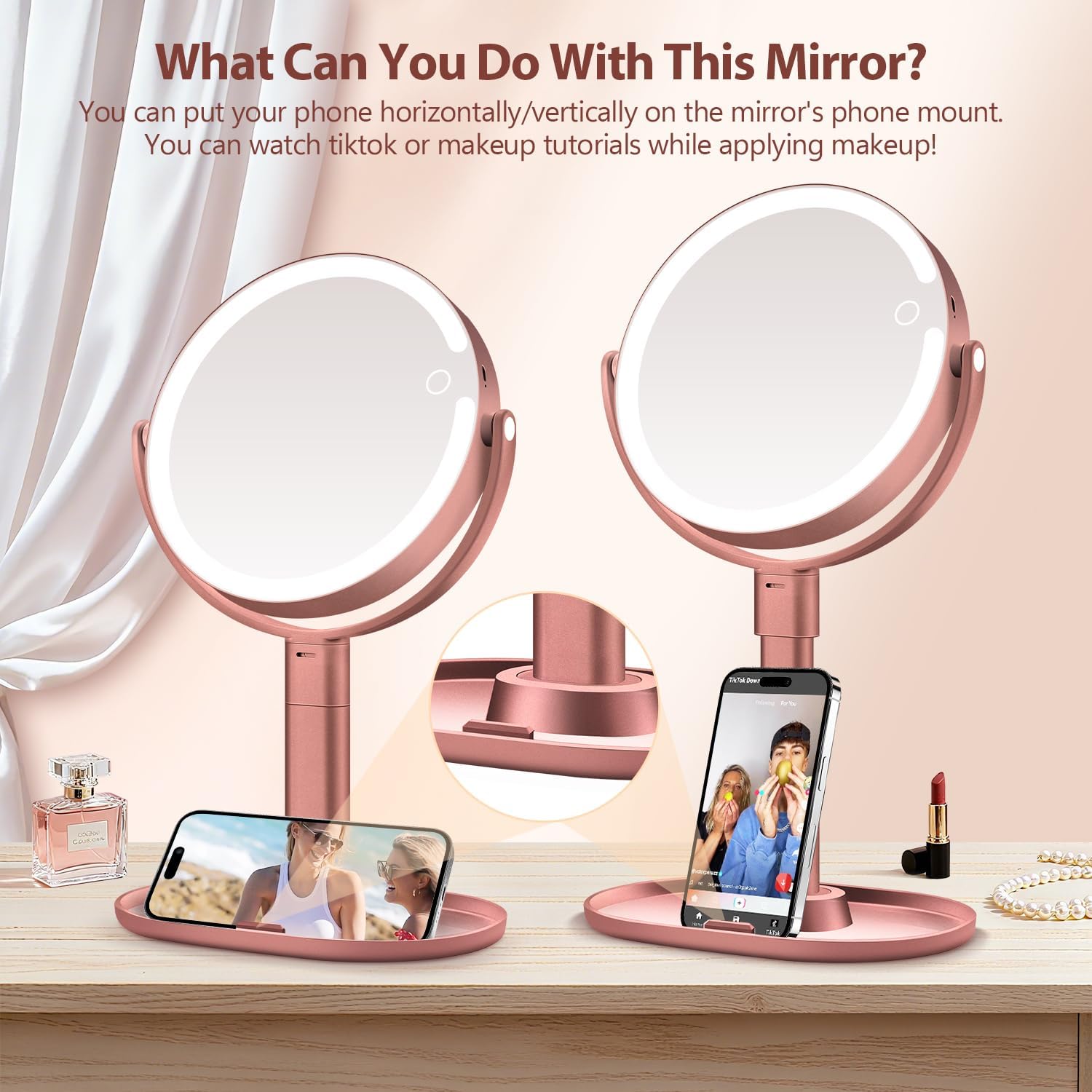 MIYADIVA Makeup Mirror with Lights, 30X Magnifying Mirror with Light and Touch Switch, Vanity Mirror with 3 Color Light and 80 LEDs, Height Adjustable Desk Mirror with Lights, Rose