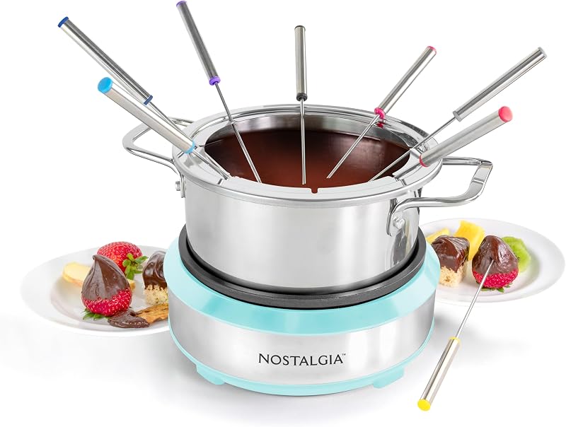 Nostalgia Juego de ollas eléctricas para fondue de 8 tazas para queso y chocolate - 8 tenedores codificados por colores, control de temperatura - Aparatos y electrodomésticos de cocina para entremeses y más - Aqua