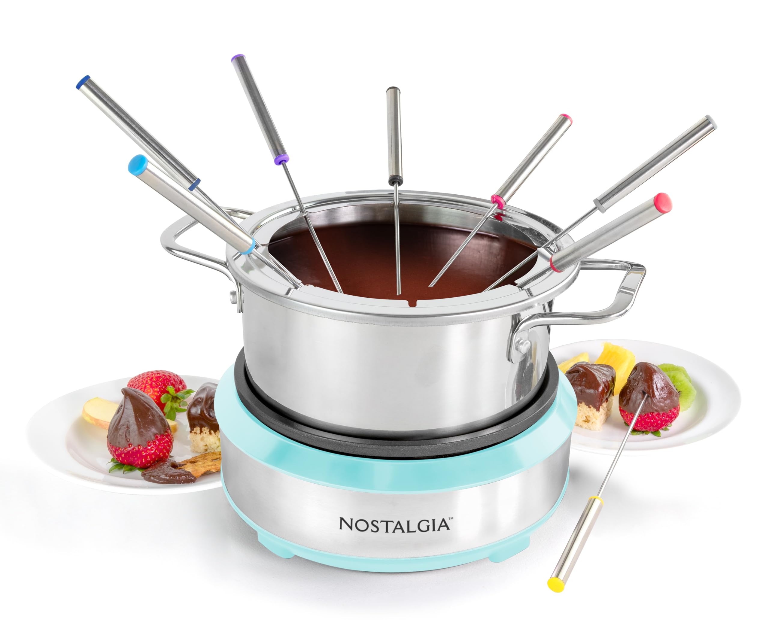Nostalgia 8-Cup Electric Fondue Pot Set for Cheese &amp; Chocolate - 8 Color-Coded Forks, Temperature Control - Kitchen Gadgets and Appliances for Hors d'Oeuvres and More - Aqua