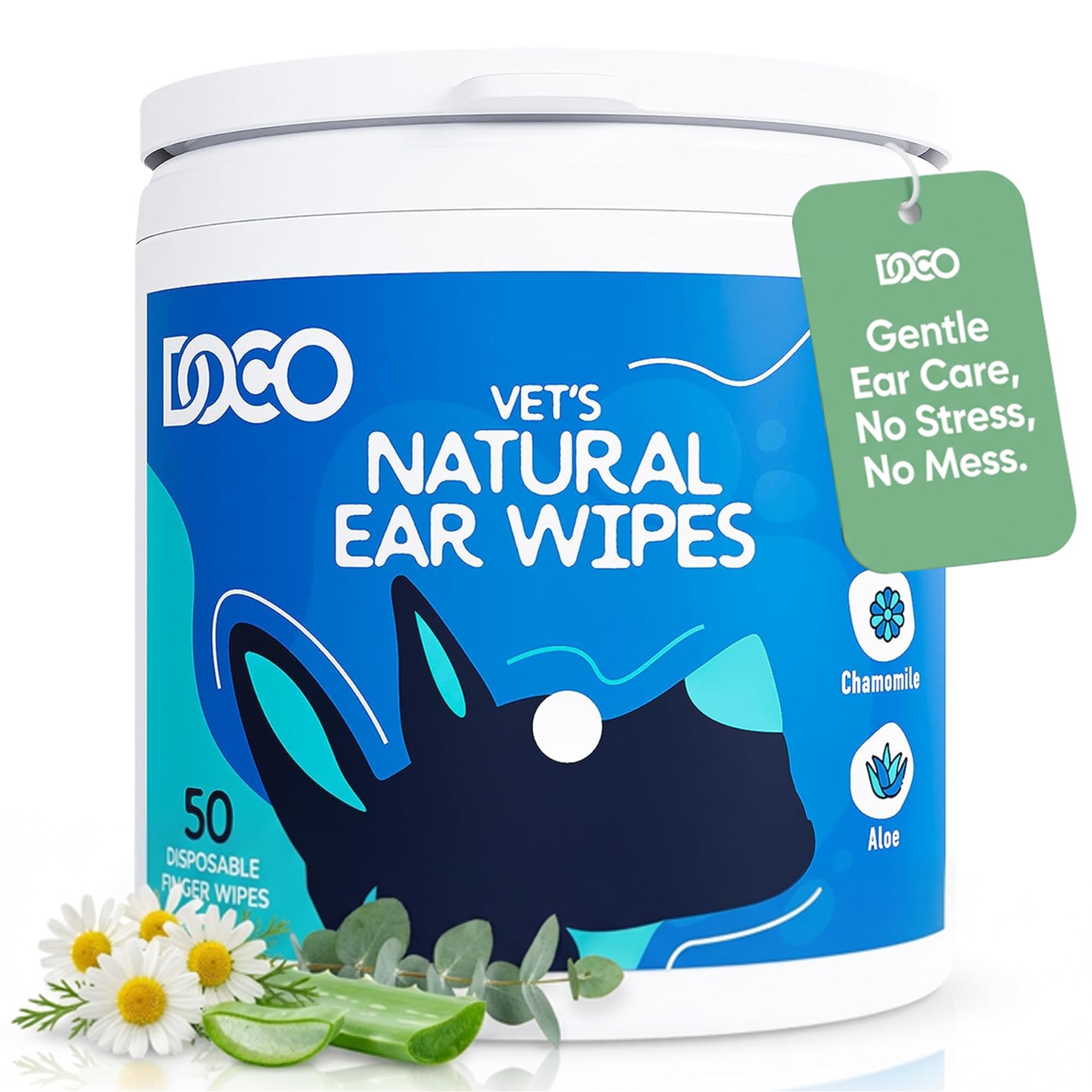 DOCO Dog Ear Cleaning Wipes (50 Count) | Finger Ear Wipes for Dogs & Cats with Eucalyptus, Chamomile & Aloe | Gently Clean, Itchy Ears, Soothes & Deodorizes