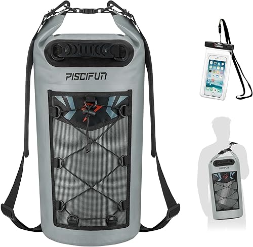 Vista 21 de Piscifun Bolsa seca, mochila flotante impermeable 10L/20L/30L/40L con funda impermeable para teléfono para navegación, kayak, pesca Sapphire Blue