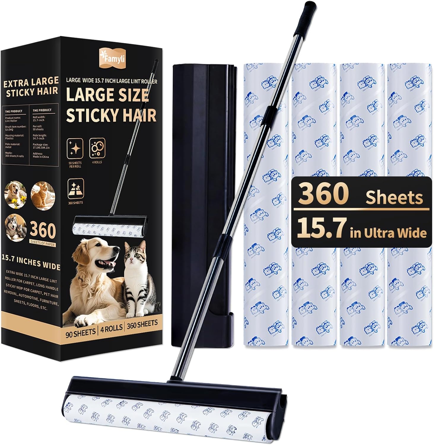 Large Lint Rollers for Carpet, 15.74 in Extra Sticky Rollers for Floor with 4 Extendable Handle, Long Handle Sticky Mop for Cleaning Carpet, Car, Clothes,Dog and Cat Pet Hair Remover with 360 Sheets