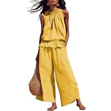 Tanming Womens Linen 2 Piece Outfits Sleeveless Ruffle Top Wide Leg Pants Summer Loungewear Beach Travel Sets