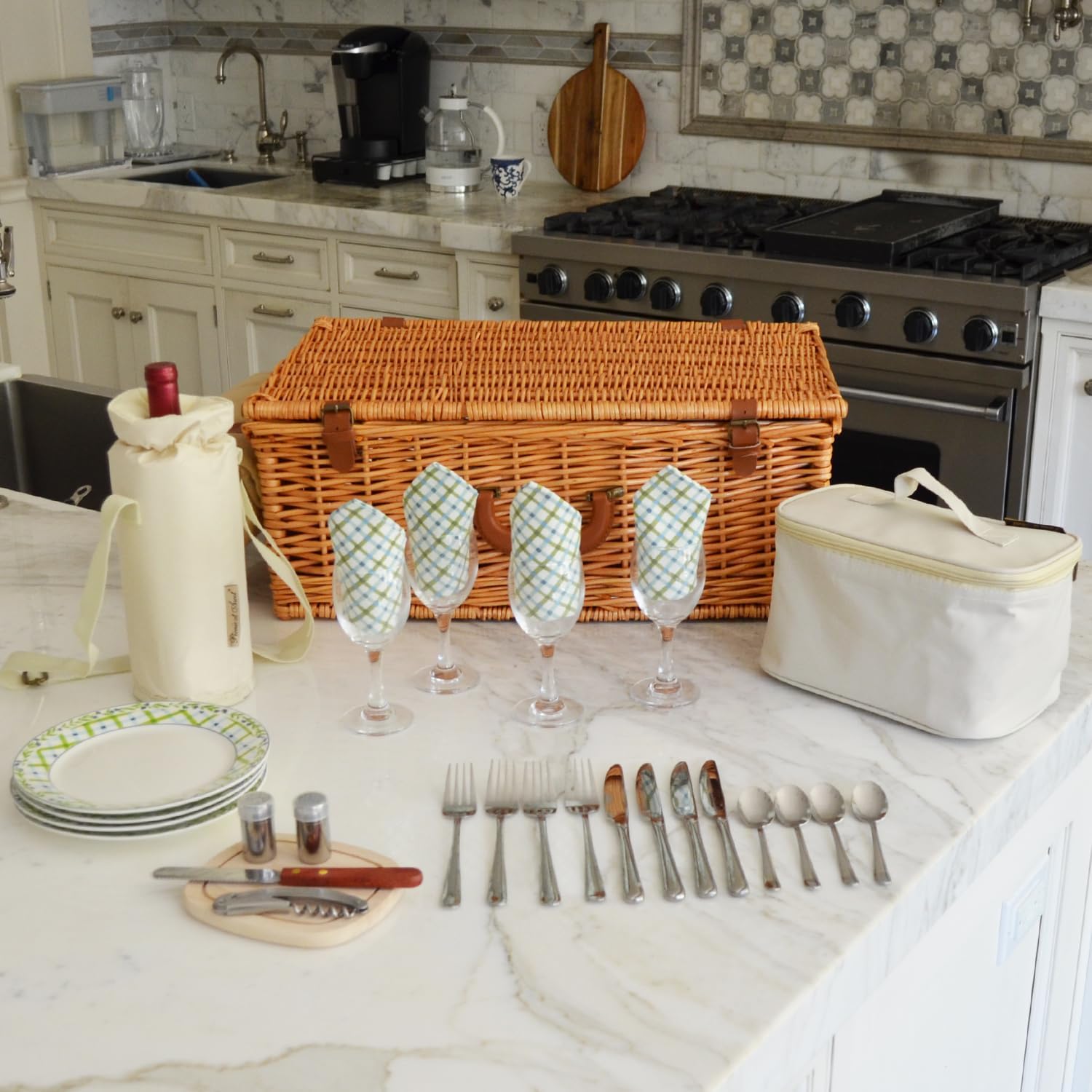 Personalized Picnic at Ascot Original Dorset English-Style Willow Picnic Basket with Service for 4 and Blanket- Designed, Assembled & Quality Approved in The USA