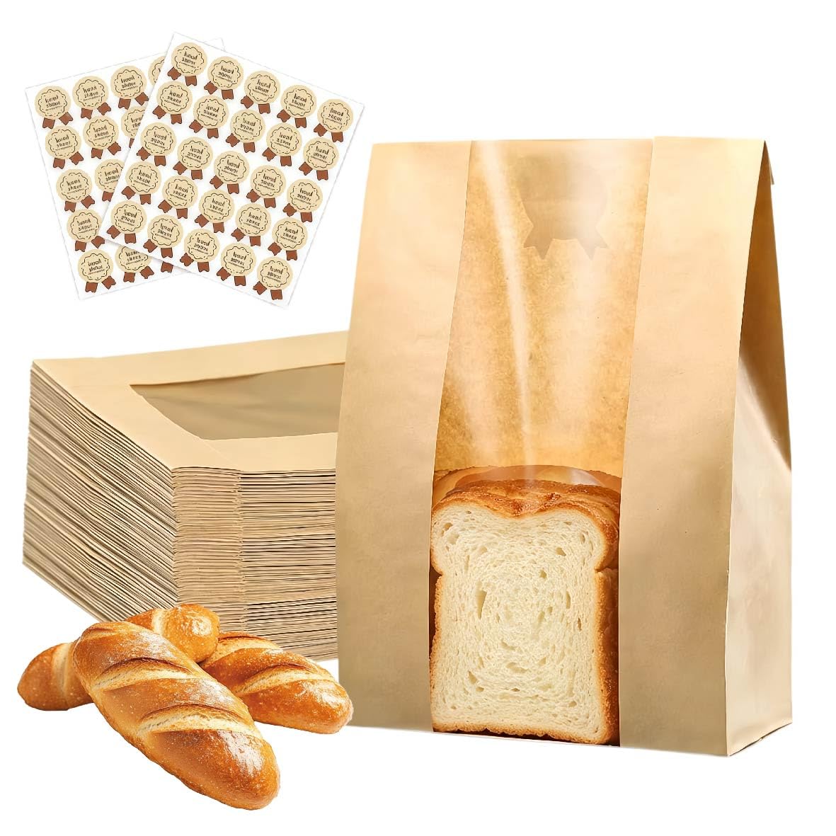 50 PCS Brown Paper Bread Bags with Window, Large Bakery Bags with Thank You Stickers, Reusable Paper Bread Bags, for Cupcake/Cookie/Coffee Bean/Party Favor,Snack Packaging (14''X8.2''X3.5'')