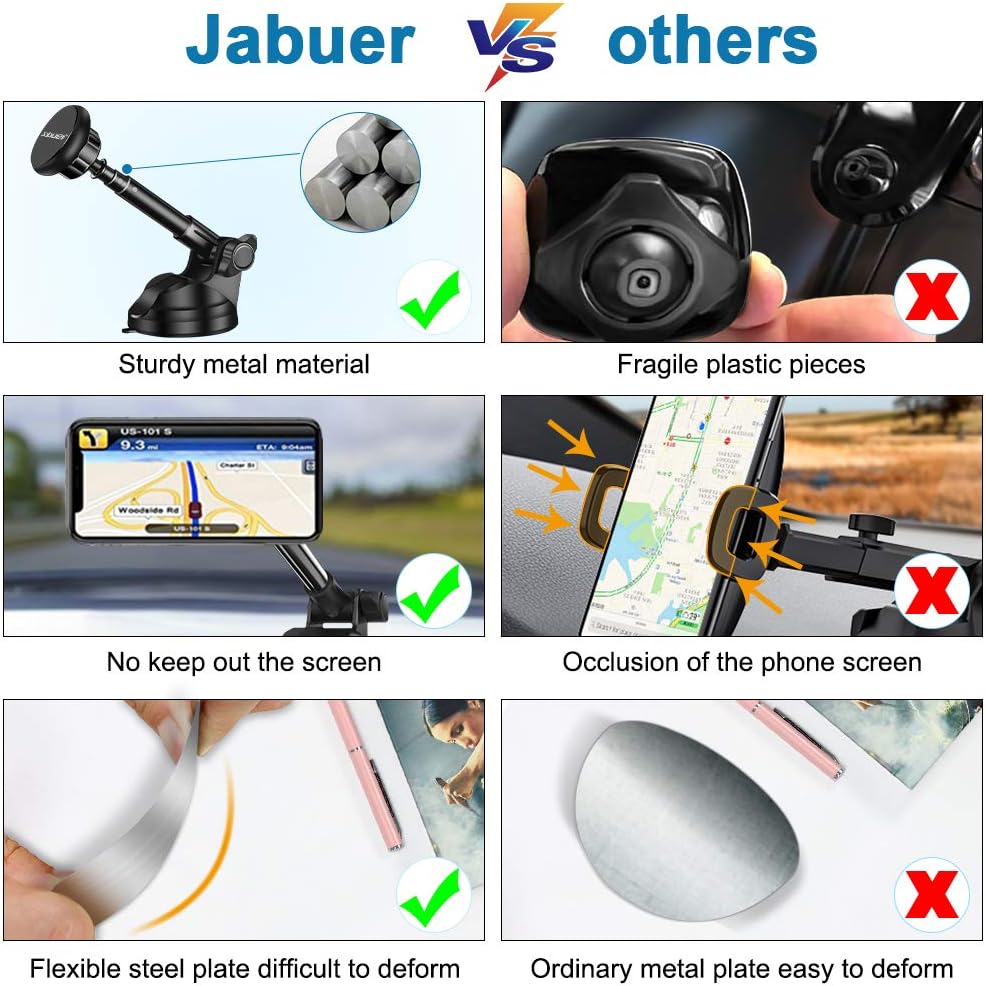 Magnetic Phone Car Mount, Jabuer Phone Holder for Car Dashboard and Windshield with 6 Strong Magnets and Metal Telescopic Arm, for iPhone Xs Max/XR/XS/X/8/7/6/6S, Galaxy S9/S8/S7/Note9/Note8 and More