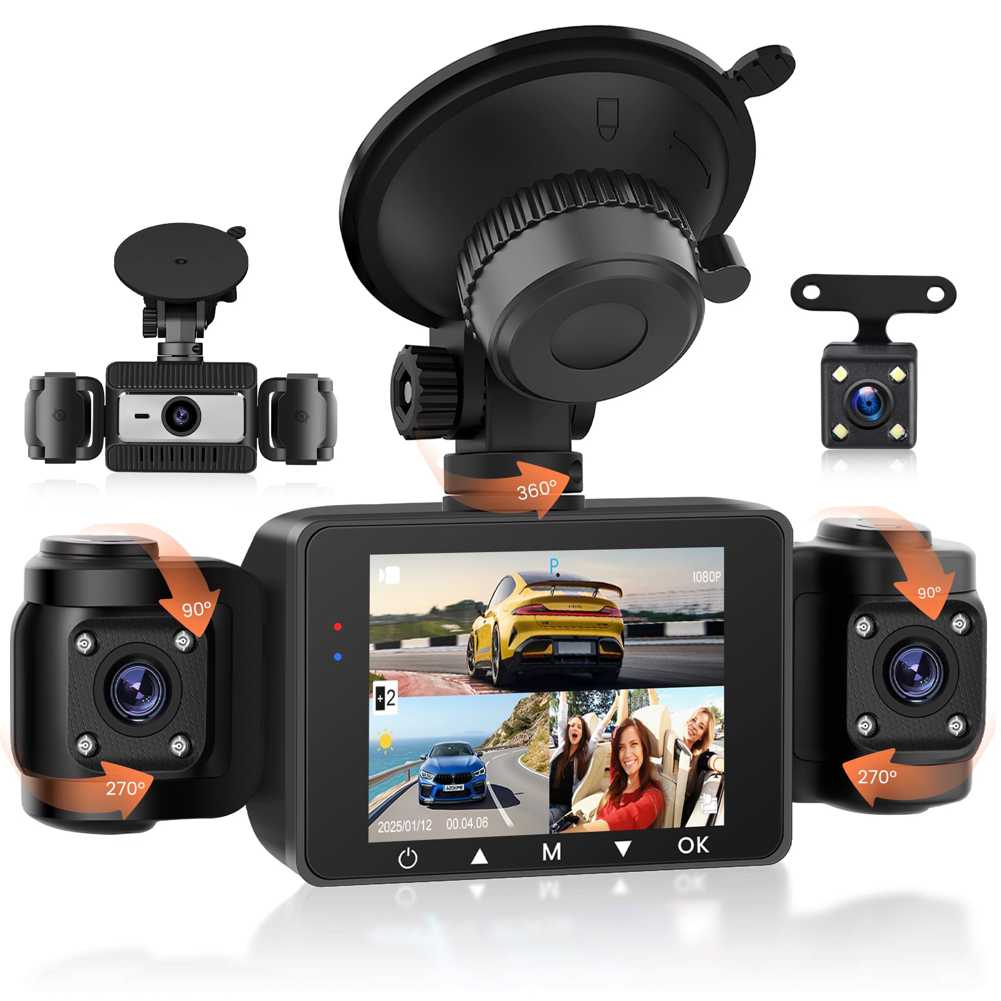 Rimoody 4 Canaux 360° Dashcam Voiture, 4 Caméras 1080P Avant Arrière Gauche Droite, Vision Nocturne, Vidéo en Boucle, G-Sensor, Moniteur de Stationnement 24H, Aide au Stationnement