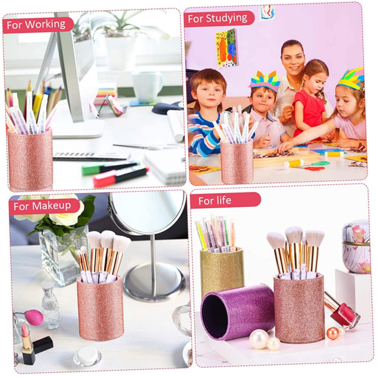 NUOBESTY 4pièces Porte-stylo Pu Scintillant Pour Bureau Organisateur Esthétique Pour Pinceaux De Maquillage Et Petits Objets Accessoire Décoratif Pratique