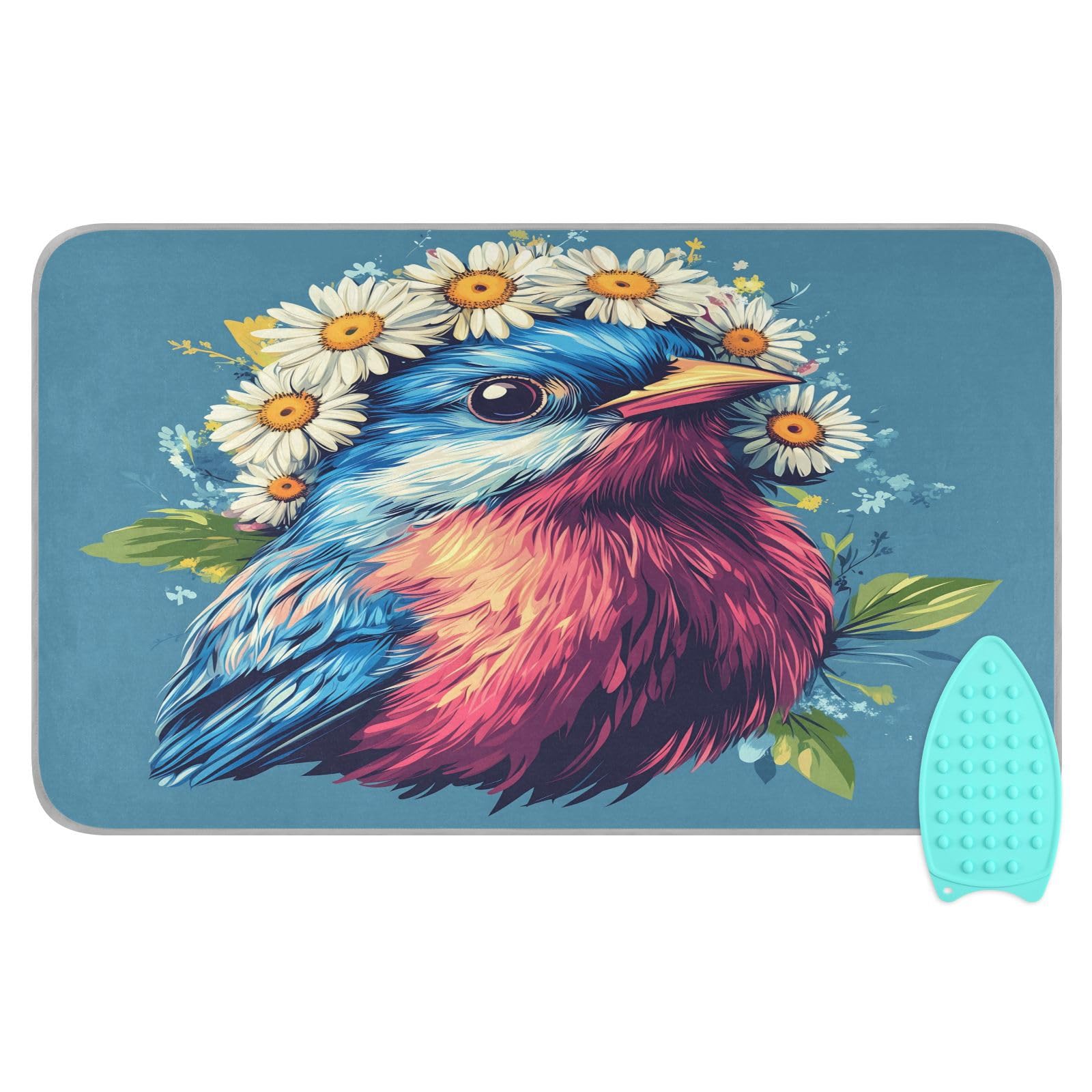 pnyoin Portable Ironing Mat Daisies and Blue Birds Travel Ironing Pad with Silicone Iron Rest for Steam Pressing on Tabletop or Bed Heat Resistant Portable Quilting & Travel Blanket