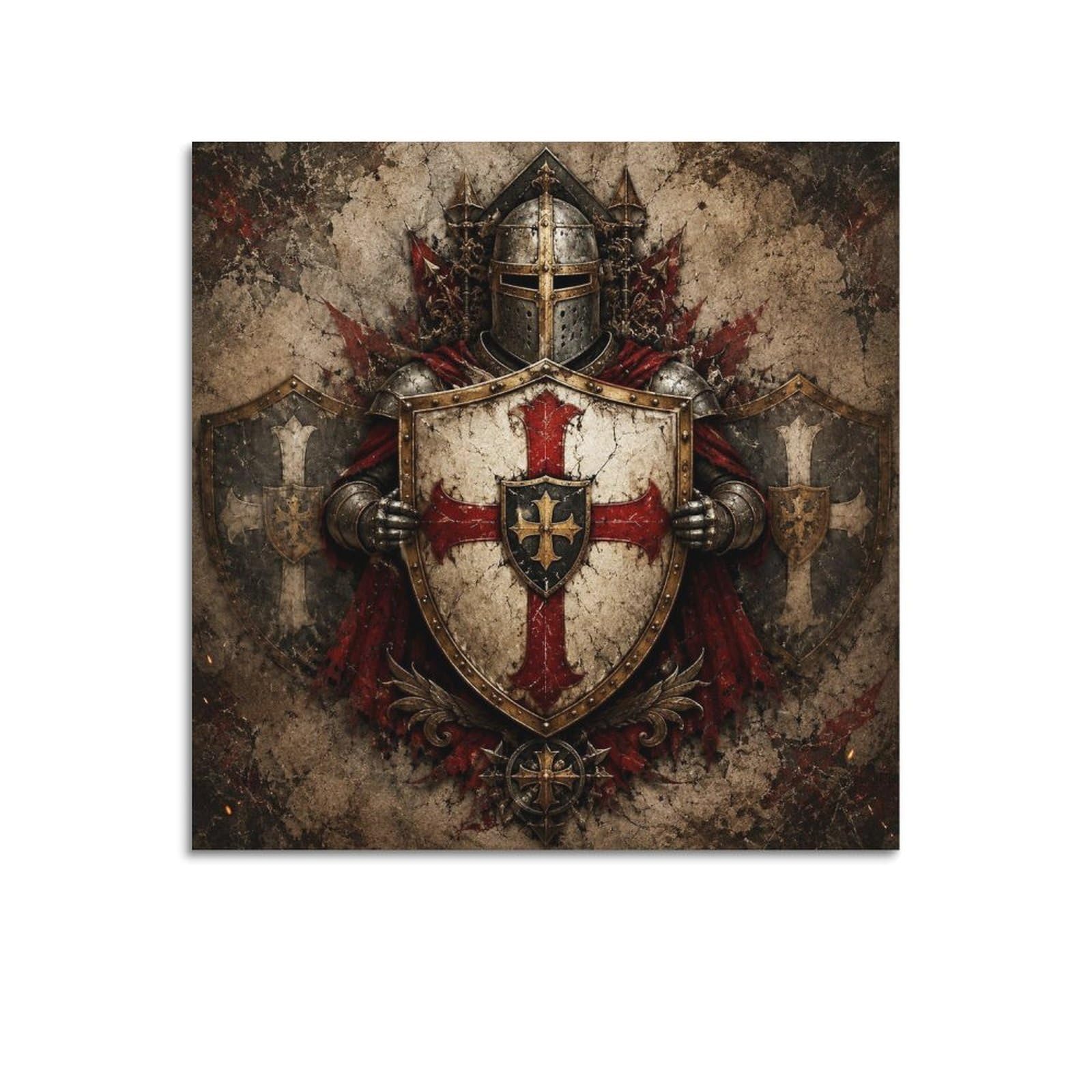 XKUGA Heraldic Shield Guard Poster Templar Knight Vintage Crest Modern Decorative Canvas Prints - Ideal Wall Art for Family, Man Cave, Game Room, Boys & Girls Bedroom 28x28inch(70x70cm)