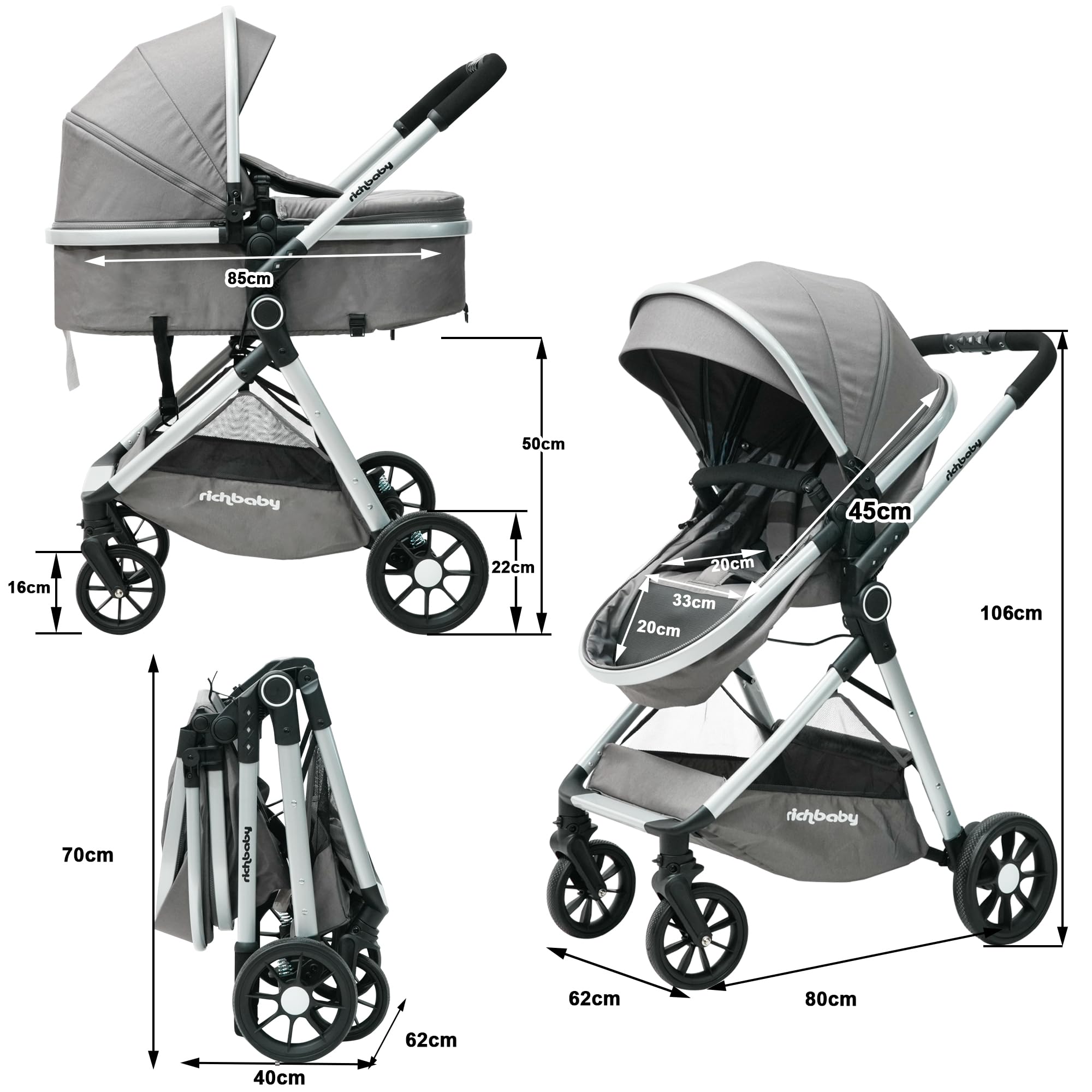 Passeggino 2 in 1 con navicella, compatto, pieghevole, protezione UV