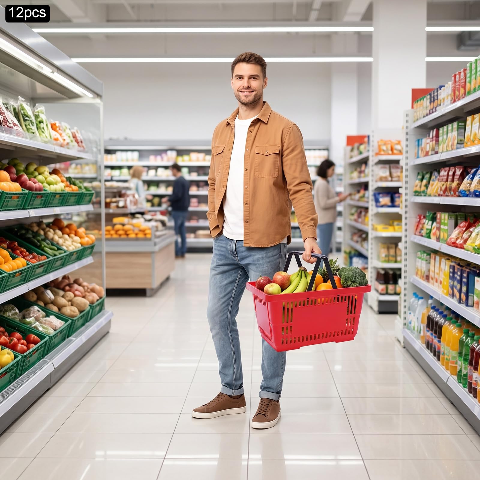12 cesti per la spesa in plastica, 18 l, impilabili, per supermercato, rosso | 2 manici in plastica, impilabili, il design a griglia aperta supporta la vista, la ventilazione e il drenaggio dell'acqua