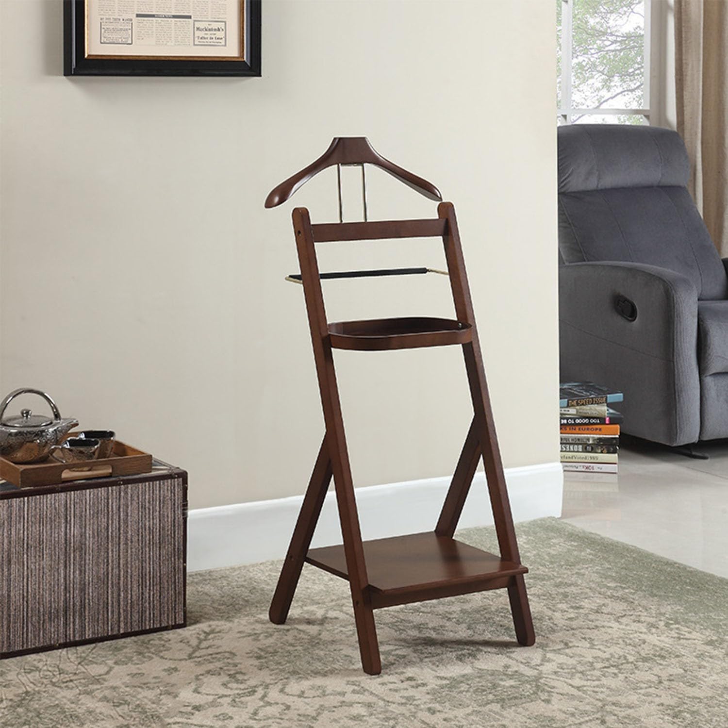 Solid Wood Suit Rack with Shelves and Pants Bracket Clothes Valet Stand with Tray Freestanding with Curved Wide Shoulder Hanger and Shoe Rack for Living Room of (A (39.5X41X108CM))