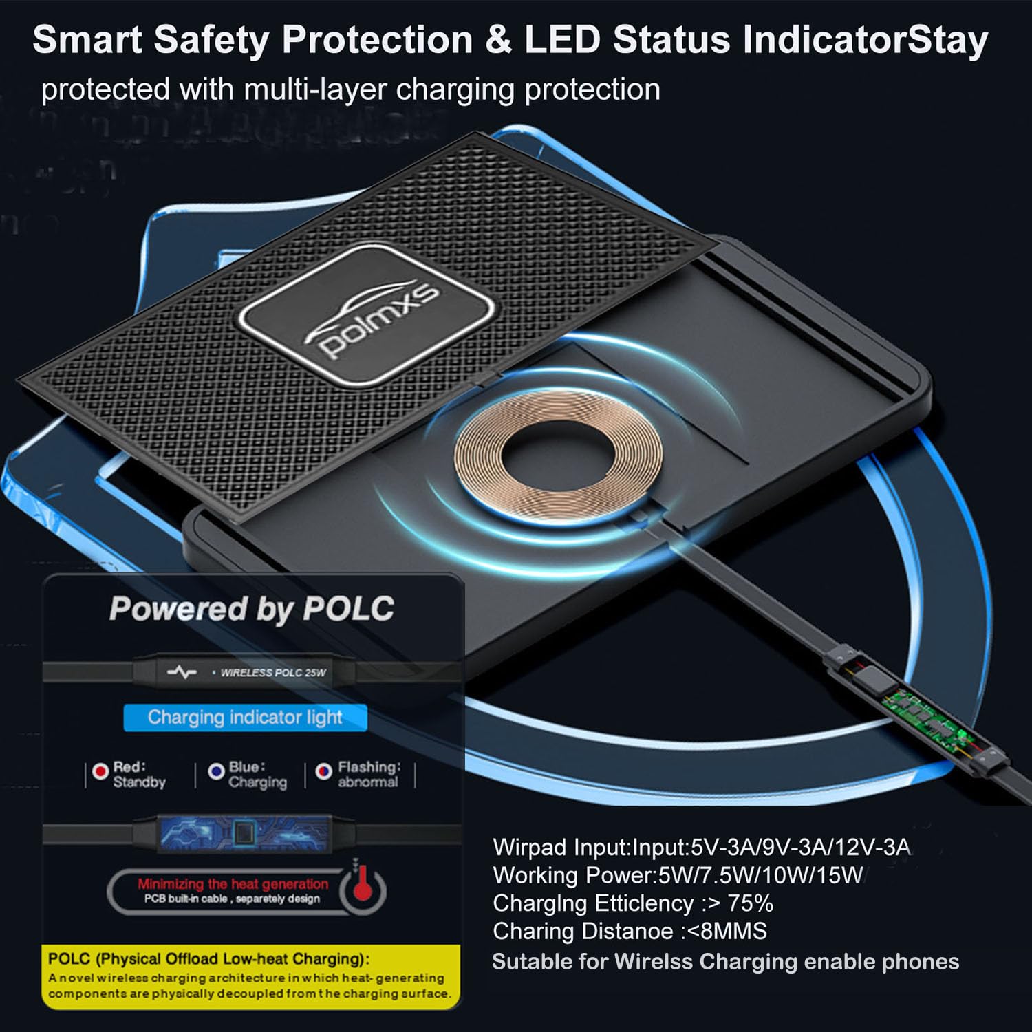 POLMXS Kabelloses Ladegerät, Ladepad, 15 W, schnelles kabelloses Handy-Ladegerät, rutschfestes Ladepad für Auto, Handy, kabellose Ladematte Galaxy 21/20, Note10, S9S10S8 (30 cm Kabel) (C2Y)