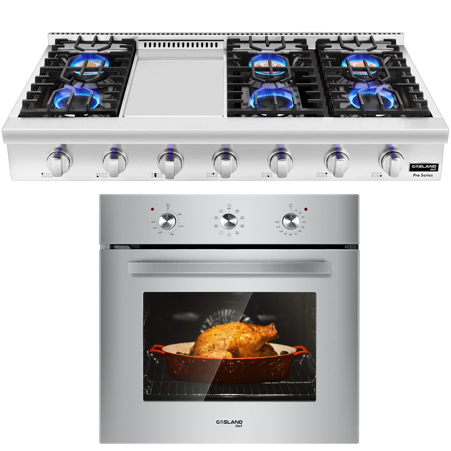 GASLAND Chef ES609MS 24" Built-in Electric Wall Oven + 48'' Professional Slide-in Natural Gas Rangetop Pro RT4806