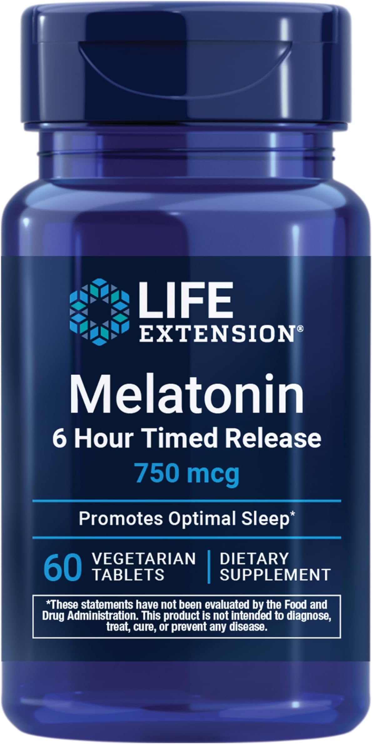 Life Extension Melatonin 6 Hour Timed Release, 750 mcg, Extended-Release Formula for Gentle Sleep Support, Healthy circadian Rhythms, Cellular Defense, Gluten-Free, Non-GMO, Vegetarian, 60 Tablets
