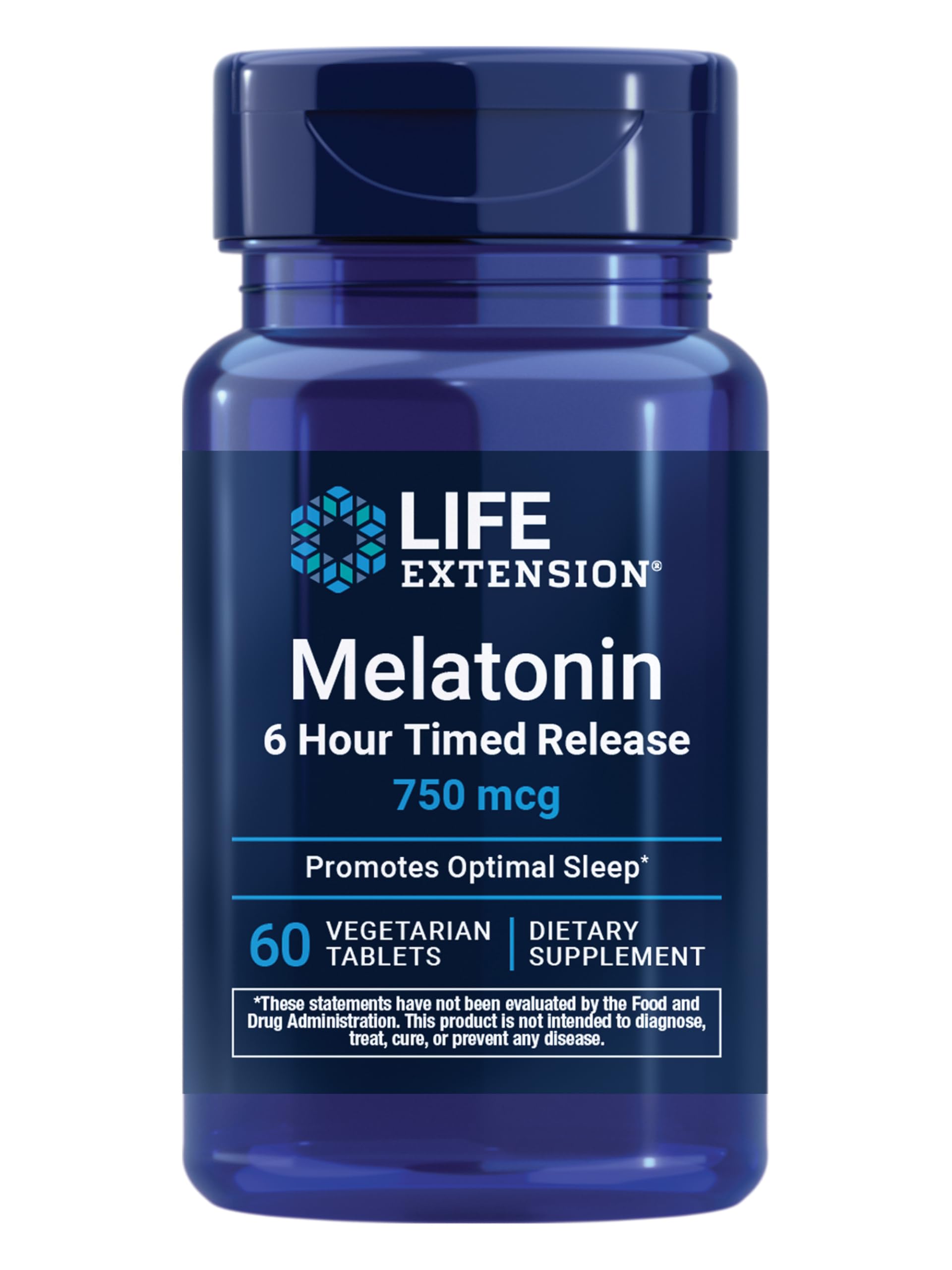 Life Extension Melatonin 6 Hour Timed Release, 750 mcg, Extended-Release Formula for Gentle Sleep Support, Healthy circadian Rhythms, Cellular Defense, Gluten-Free, Non-GMO, Vegetarian, 60 Tablets