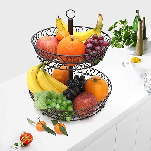 Miniatura 2 de Soporte de frutas de 2 niveles para fruta, bandeja escalonada de metal, cesta de frutas de encimera, cesta de almacenamiento de dulces para