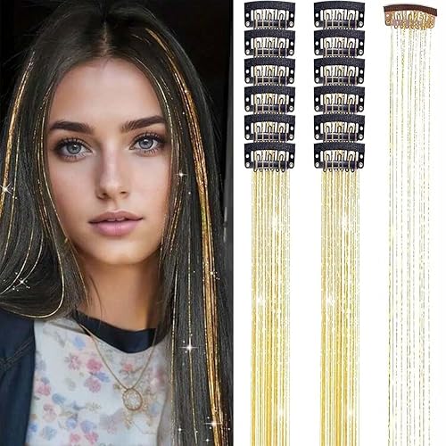 Miniatura 10 de Kit de oropel con clip de oropel para el cabello, kit de oropel de cabello con purpurina arco iris para mujer, resistente al calor, 21.5 pulgadas,