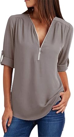Womens Casual Split V Neckline Zipper Chiffon Blouses Loose Tunic Long Sleeve Shirt Tops