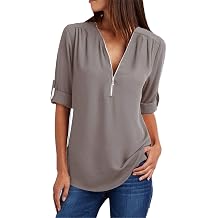 Womens Casual Split V Neckline Zipper Chiffon Blouses Loose Tunic Long Sleeve Shirt Tops