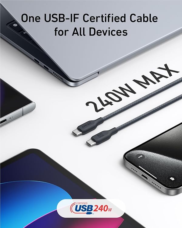 Anker USB C Cable, 240W Bio-Braided Type C Fast Charge Cord for iPhone 17 Series, MacBook Pro 2020, iPad Pro,and More(USB 2.0, 3FT, Phantom Black) by Anker - Image 4
