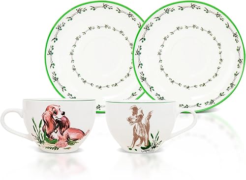 Disney Lady and the Tramp Bone - Taza de té y platillo de porcelana de hueso juego de 2 Fiesta de té con café expreso moca
