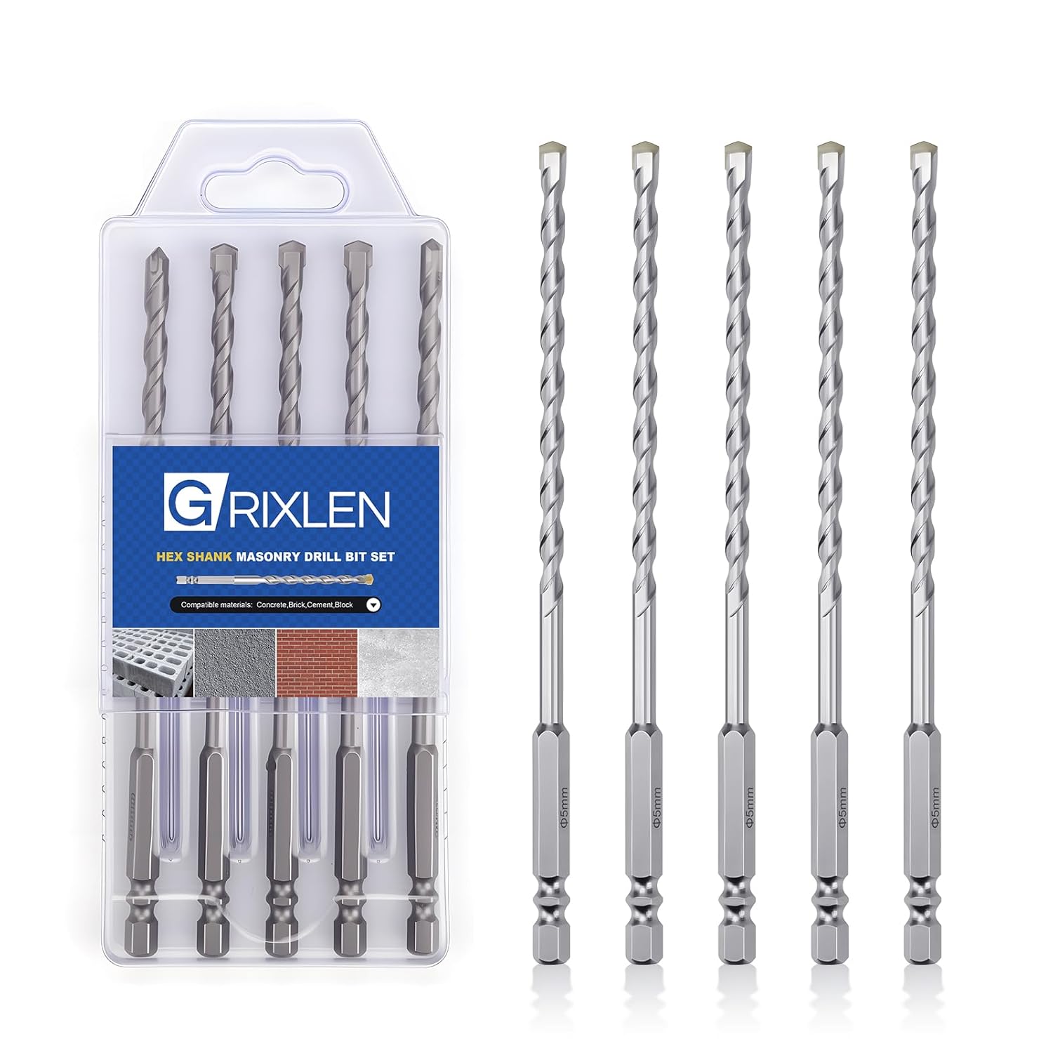 5 Pack 3/16"(5mm) Hex Shank Hammer Drill Masonry Bits, 6" Length Masonry Drill Bits for Concrete, Cement, Brick, Stone (5 Pieces, 3/16" x 6" (5x150mm))