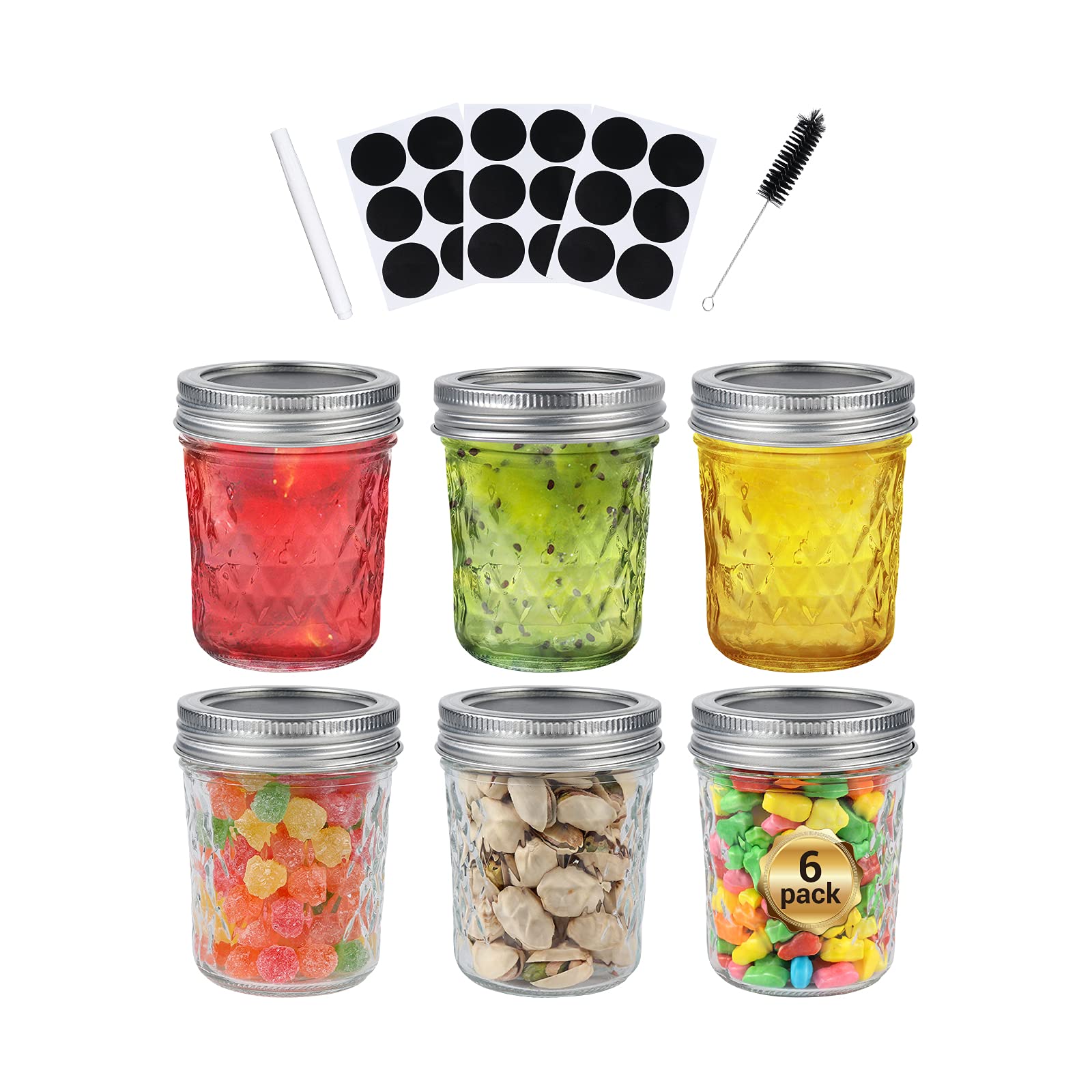 Glass Octopus 6 oz Regular Mouth Quilted Crystal Mason Jars, 6 Pack Regular Canning Jars, Glass Jars with Silver Metal Airtight Lids for Jam, Honey and Spice, DIY