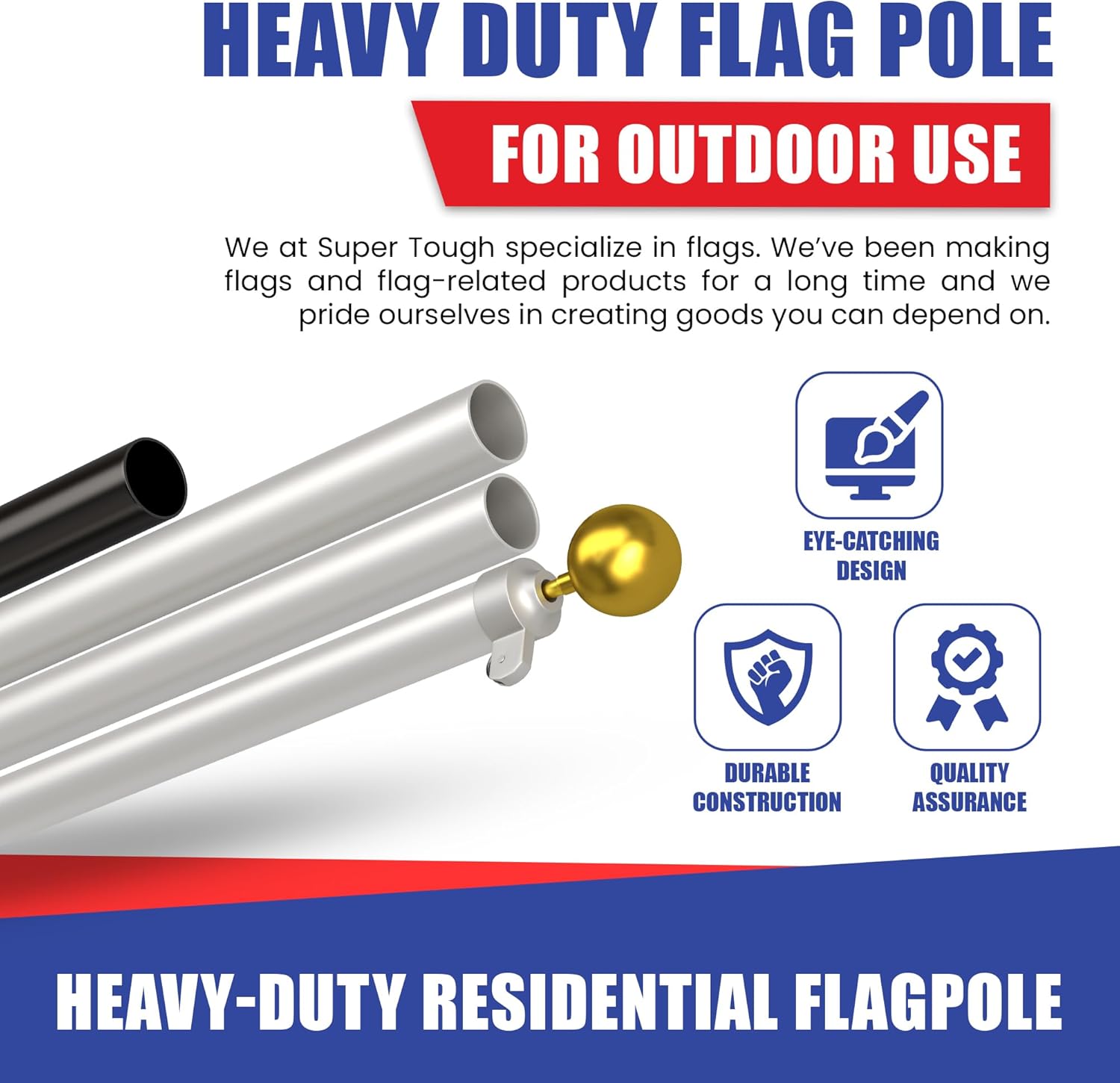 Super Tough USA-Made 20ft Heavy Duty Flag Pole for Outside House - Clear Anodized - Residential In-Ground Flagpole - 3-Section High-Grade Aluminum - Includes All Accessories