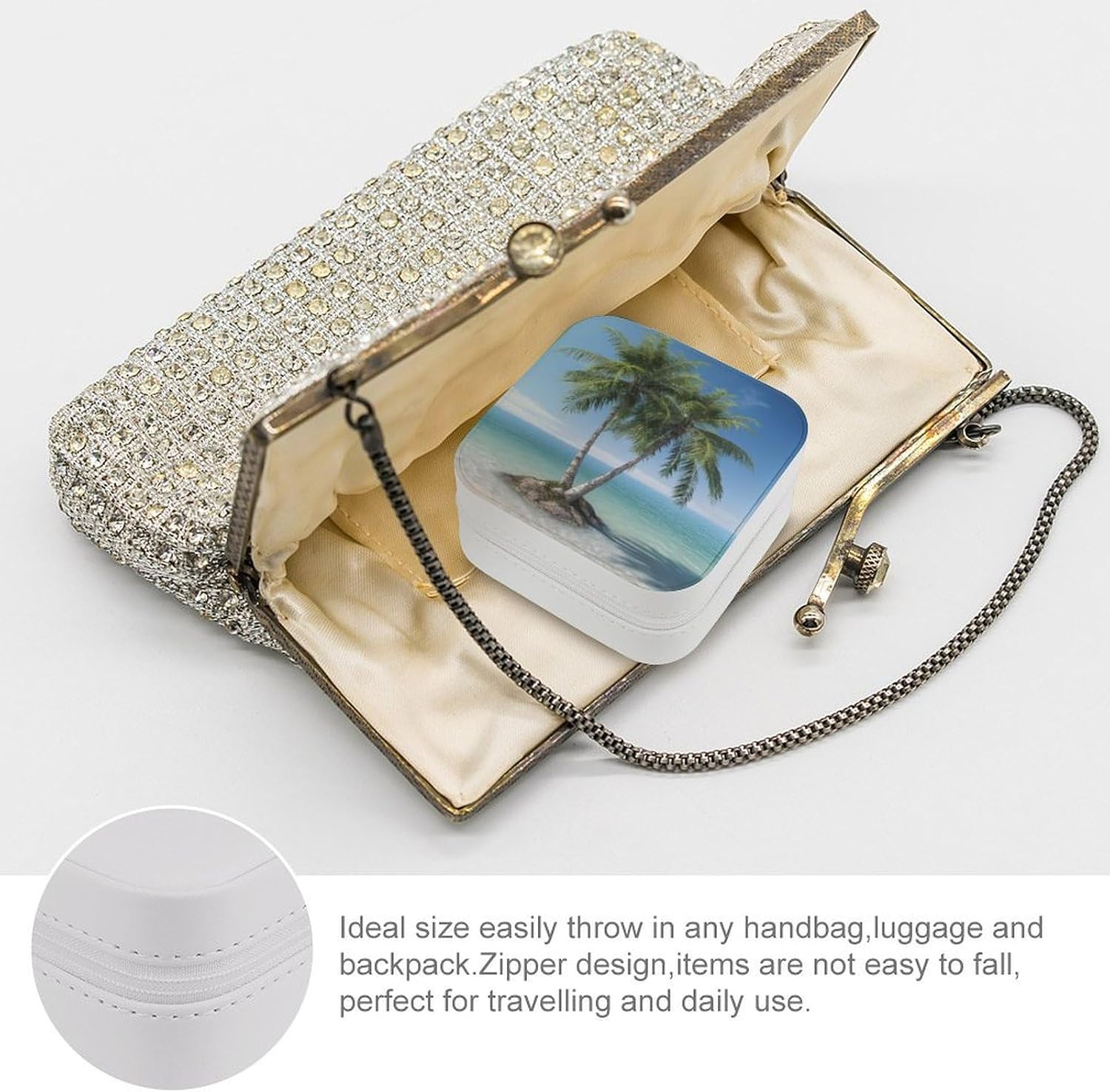 PU Leather Storage Box,Sea Palm Trees Printed Portable Jewelry Box Mini Travel Storage Box Women's Jewelry Storage Rack for Necklace Earrings Bracelets Rings image 3