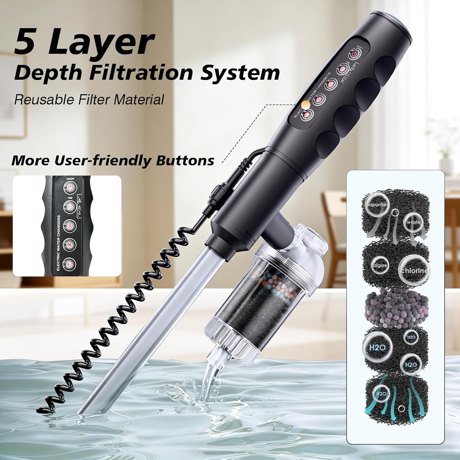 AKKEE Aquarium Vacuum Gravel Cleaner Handle Control, 8 in 1 Multifunctional 36W Electric Fish Tank Cleaner Vacuum for Automatic Water Change, Wash Sand, Water Circulation and Timed Off