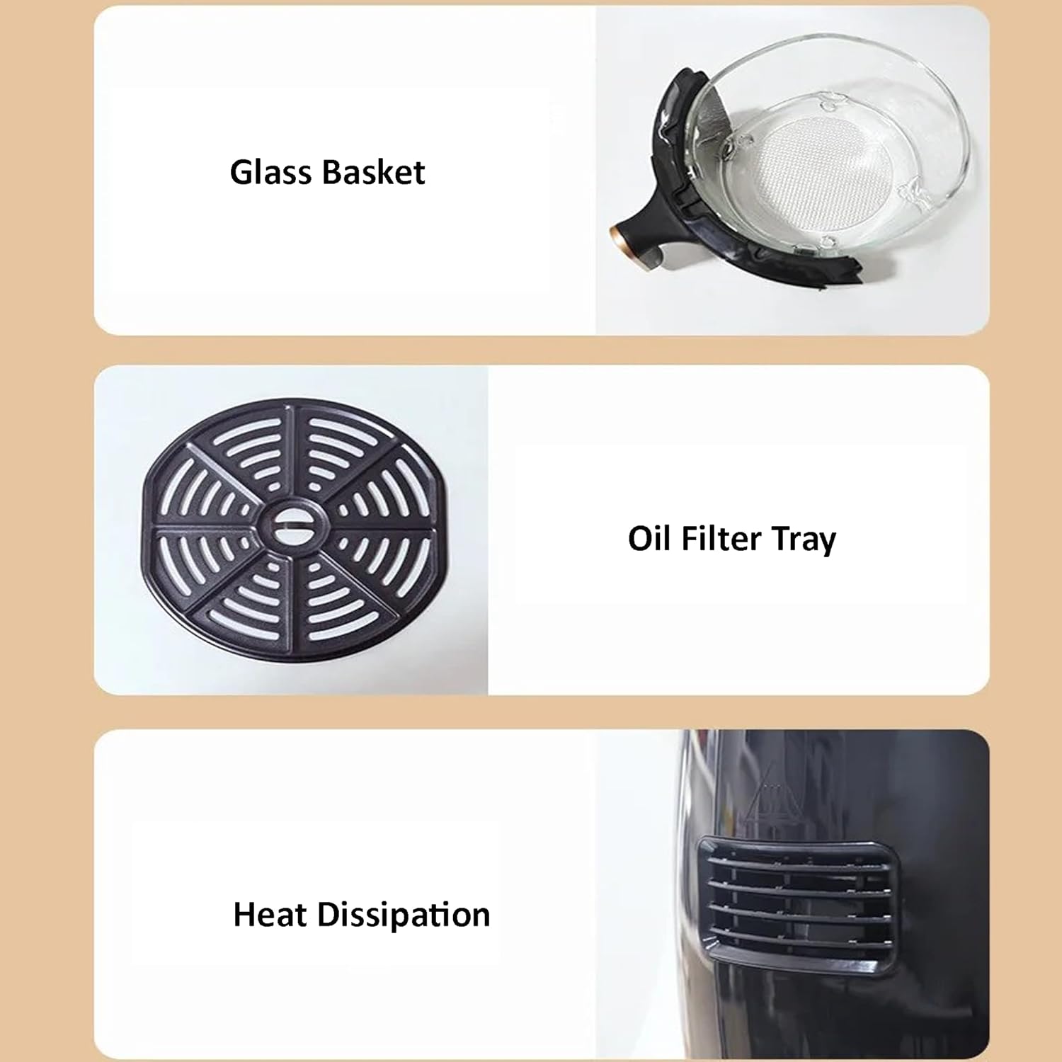 Diagram showing the glass basket, oil filter tray, and heat dissipation vent of the air fryer