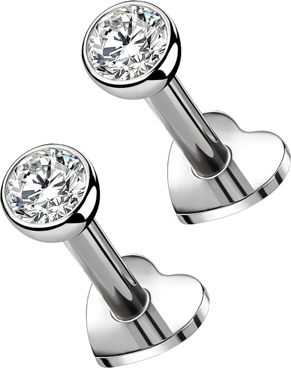 OUFER 2Pcs Cartilage Piercing Jewelry, 16G G23 Solid Titanium Threadless Stud Earrings Flat Back Heart Shaped 3MM CZ Silver Helix Cartilage Earrings for Women Men-5MM by OUFER - Used condition - US$8.99