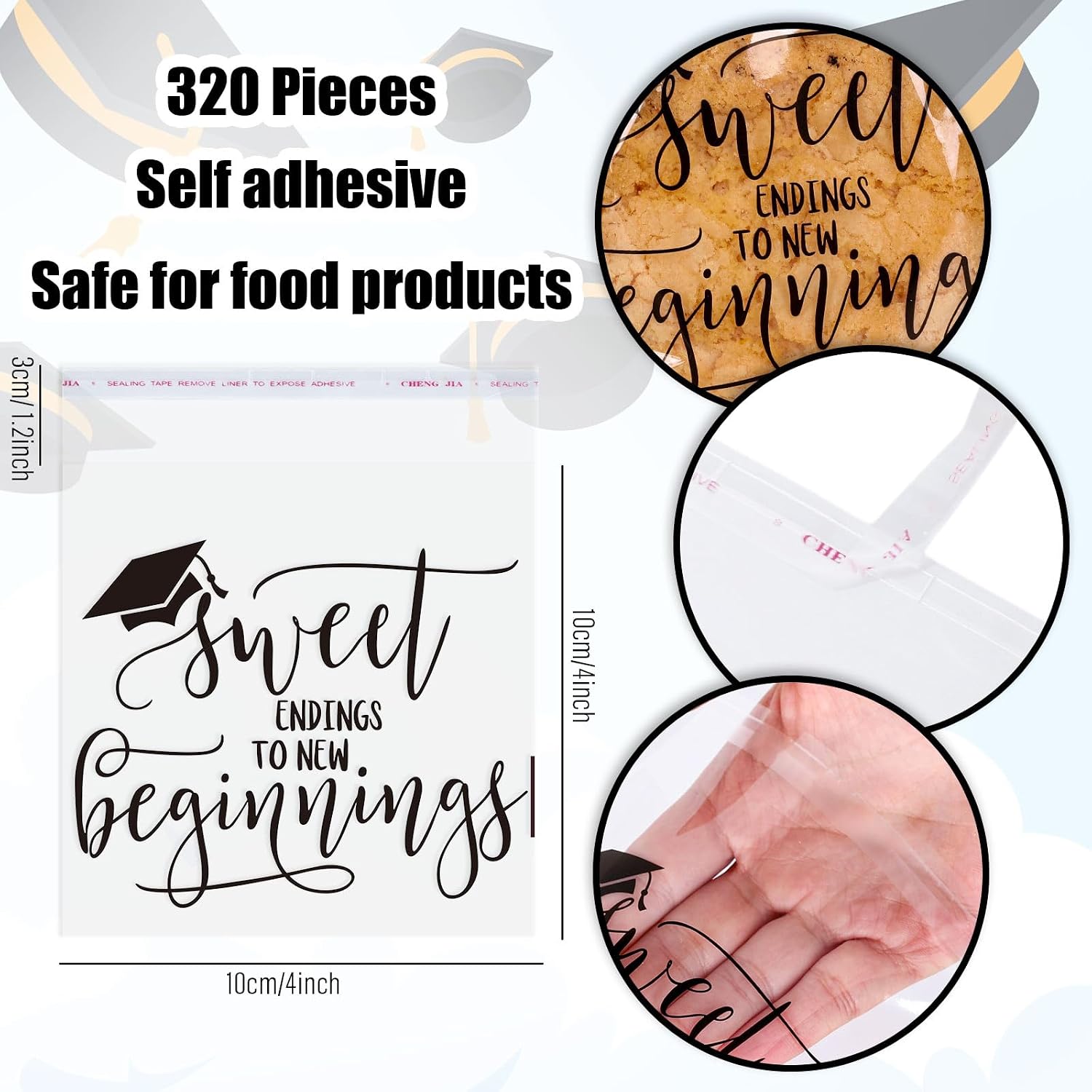 FYSUIMU 320 Pcs 2026 Graduation Cellophane Bag Sweet Endings to New Beginnings Self-Adhesive Treat Bags Clear Flat Candy Cookie Bags 4 x 4 Inch for Congrats Grad School Party Supplies
