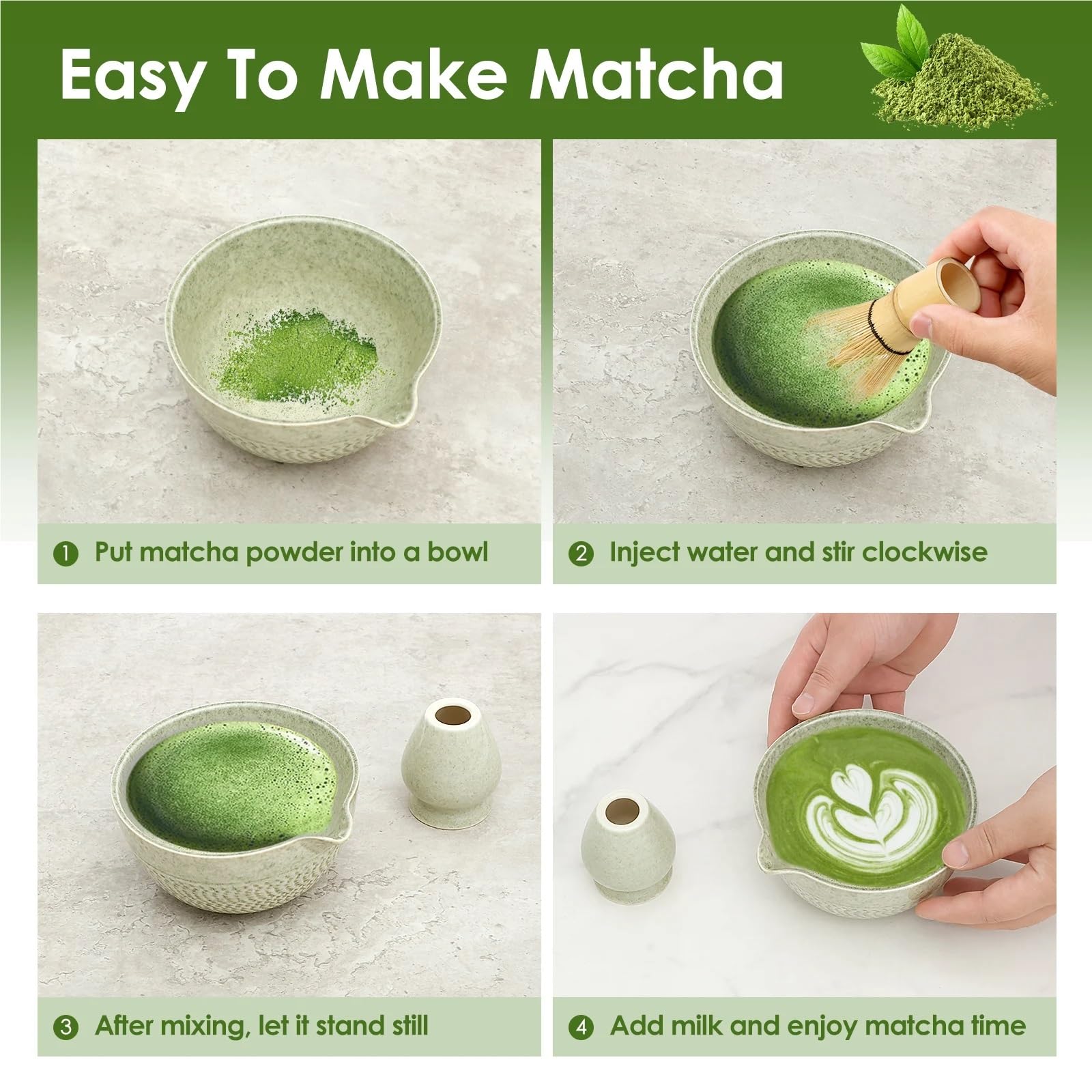 Agitador de matcha cerámica, batidor y tazón té estilo juego soporte temperatura