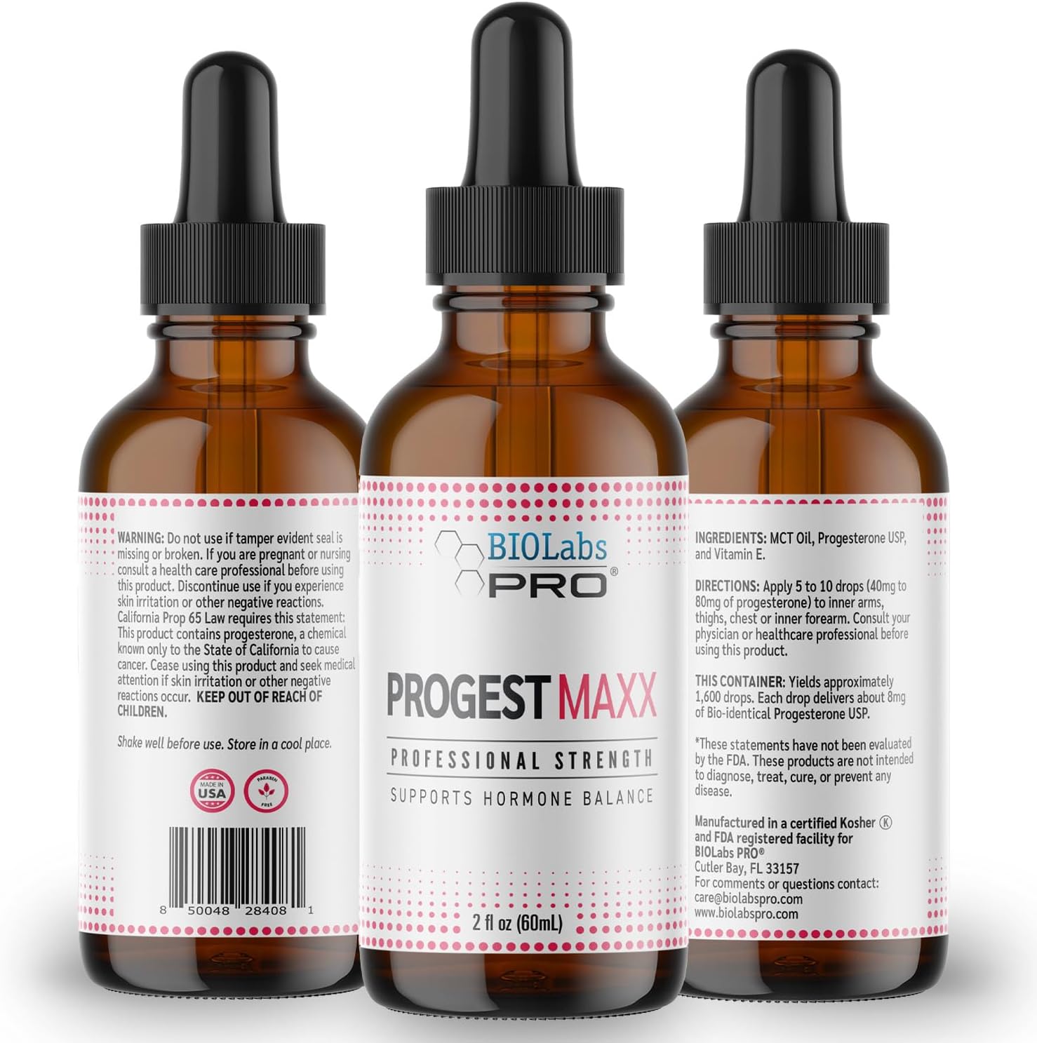 BIOLABS PRO Progest MAXX Progesterone Oil, Natural Bioidentical Progesterone for Women, Hot Flashes & Menopause Support, 2oz Bottle - Six Month Supply