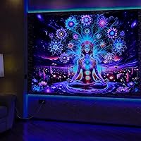 Vista 2 de Dermijer - Tapiz de luz negra con siete chacras para yoga y meditación - Tapiz de chacras de flores - Tapiz de galaxia, espacio y planetas - Tapiz