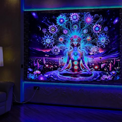 Miniatura 2 de Dermijer Blacklight - Tapiz de meditación de yoga de siete chakras, tapices de chakras, galaxia, espacio, planeta, tapiz reactivo a los rayos UV,