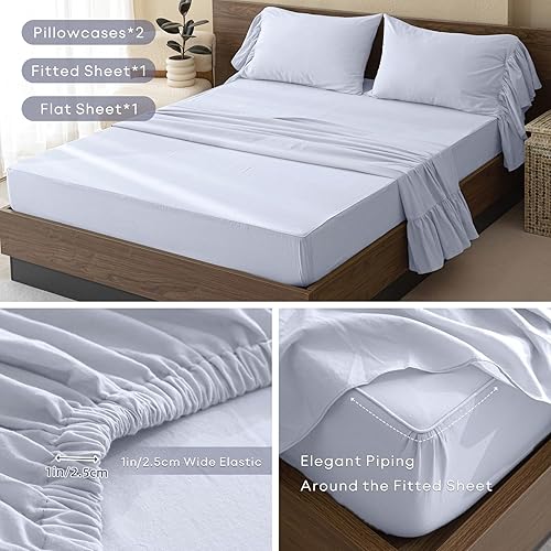Miniatura 6 de QSH Juego de sábanas 100% algodón con volantes, tamaño Queen, color azul claro, juego de sábanas con volantes franceses, 4 piezas, extra suaves,