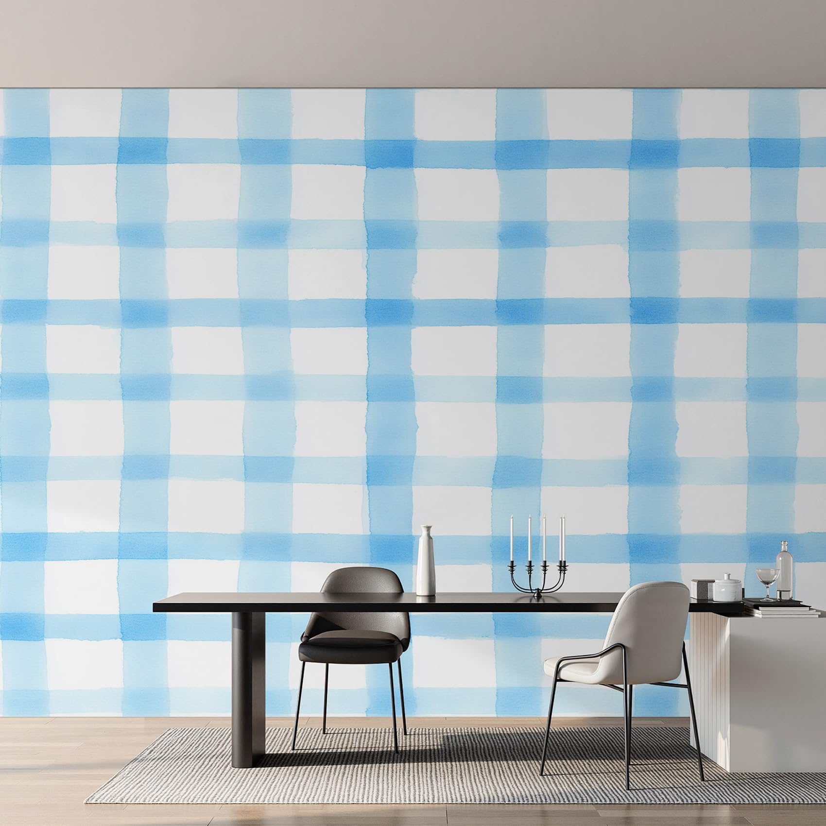 Papier peint intissé carreaux bleu pour rénover facilement un mur abîmé de salon