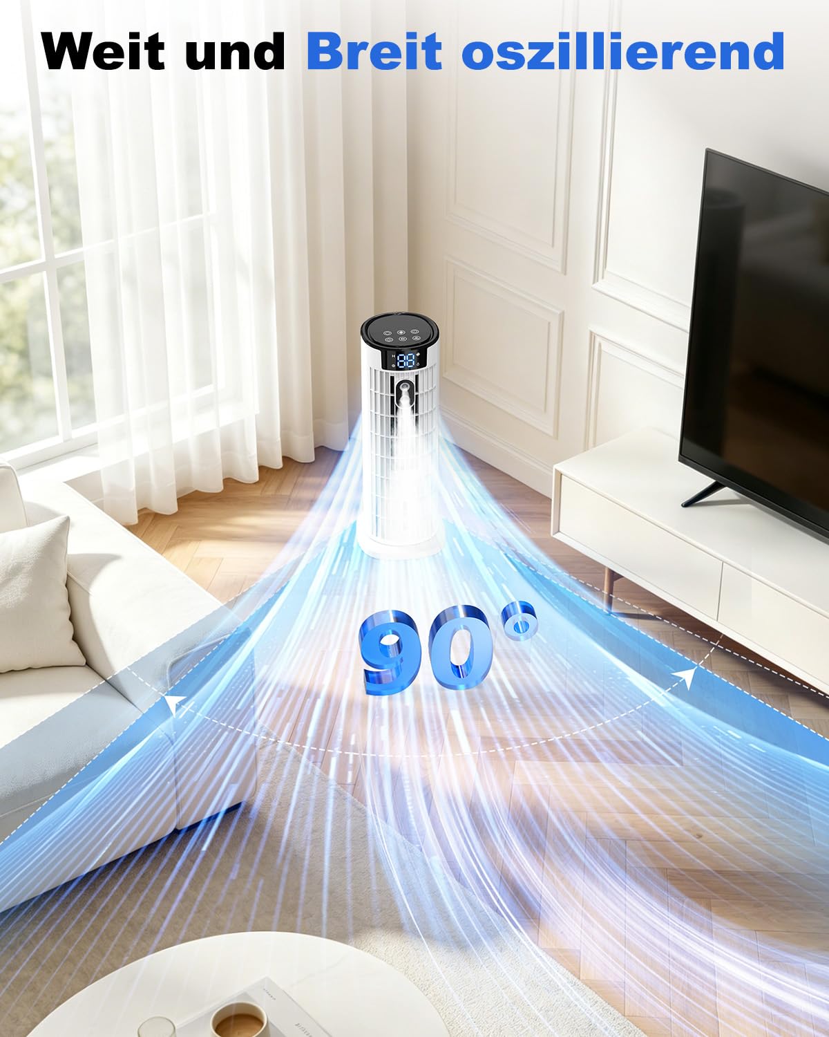 Mobile Klimaanlage 6 in 1 Turmventilator, 90° Oszillation, Timer, LED-Bildschirm, Luftkühler für Zuhause Büro Weiß