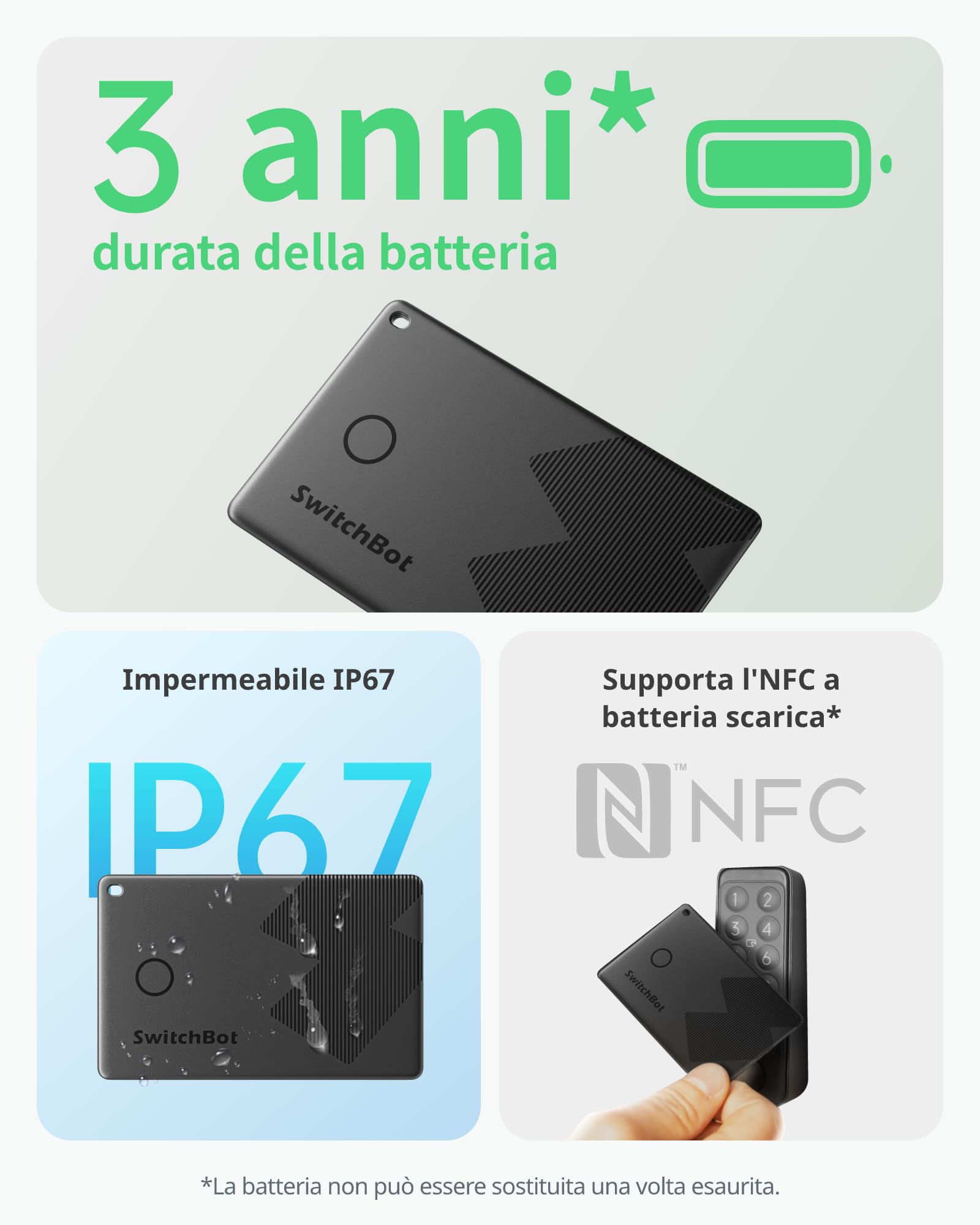 SwitchBot Wallet Finder Card, Smart AirTag compatibile con Apple Find My (Solo iOS), Bluetooth Tracker per chiavi, telefoni, bagagli, IP67 Resistente